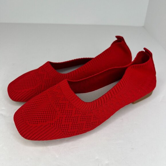Fashion Womens Red Ballet Square Toe Knitted Casual Size 8.5 Slip-on Flats - Picture 1 of 9